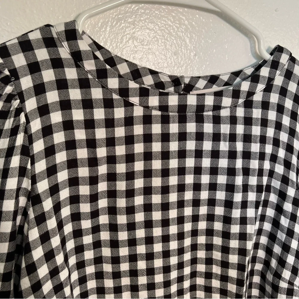 Loft Women's Size XS Blouse Long Puff Sleeve Black White Gingham Crewneck 552579